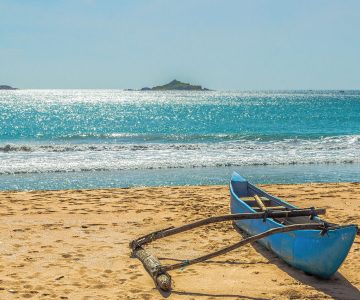 Aerial view of surfers near Hikkaduwa beach. Hikkaduwa, Sri Lanka.